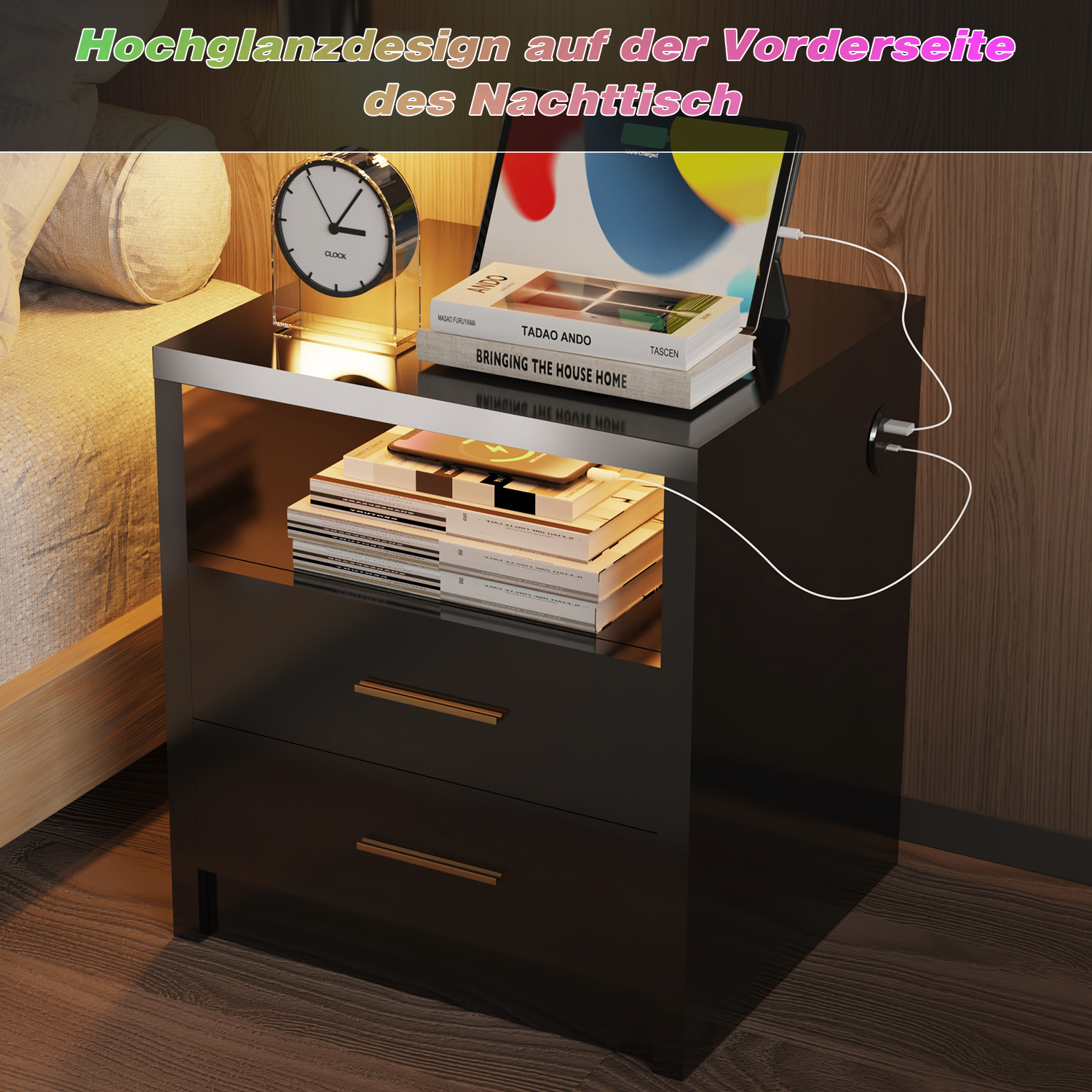 Nachttisch RGB LED Hochglanz Nachtschrank USB Beistellkommode mit 23Schubladen